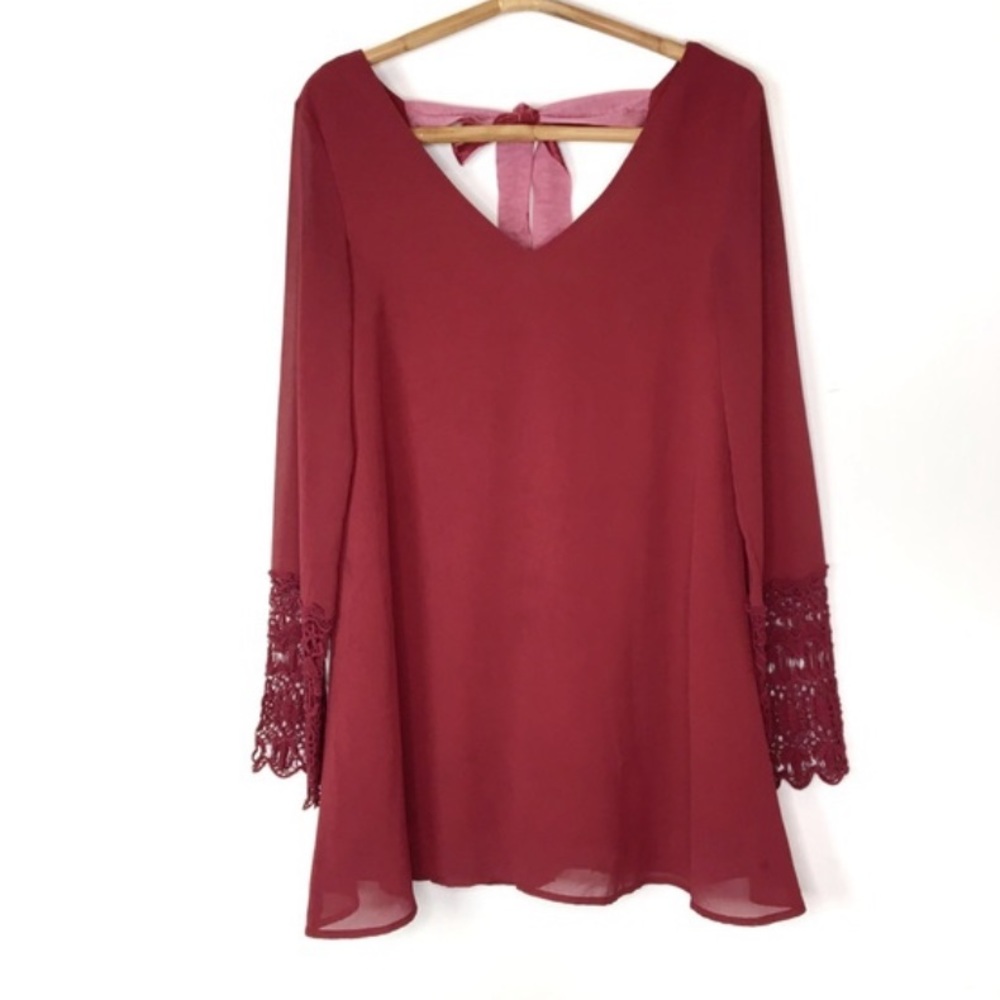 Dainty Hooligan Chiffon Lace Bell Sleeve Dress with Velvet Bow in Wine Burgundy